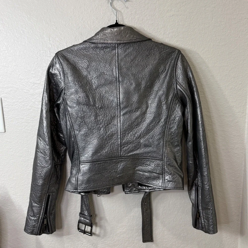 Michael Kors Silver Lamb Leather Moto Jacket Small Y2K Streetwear Metallic Biker